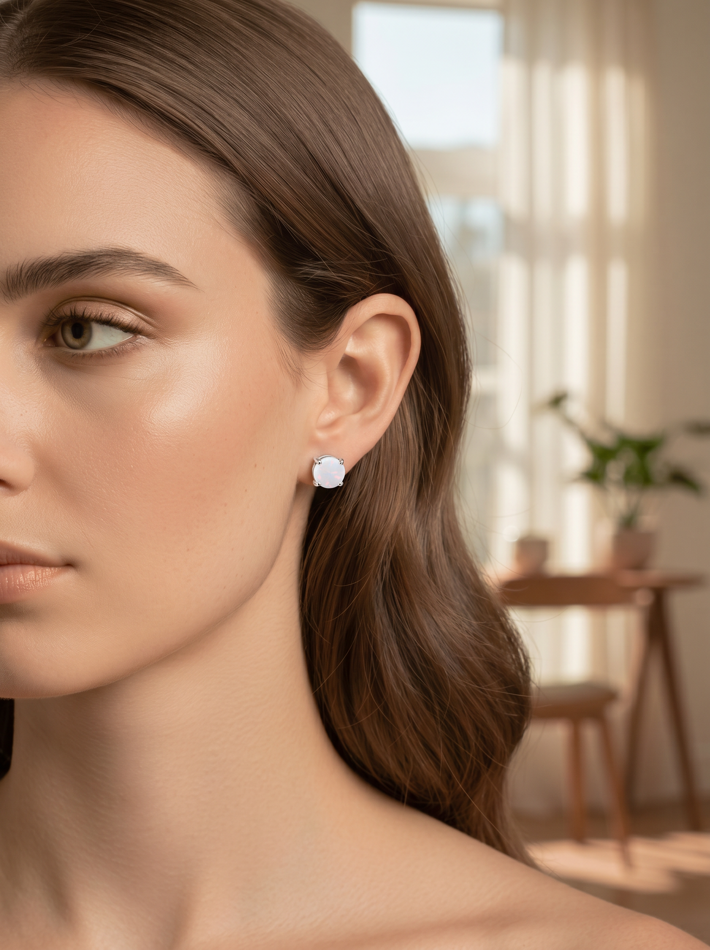 Sterling Silver Round White Opal Stud Earrings