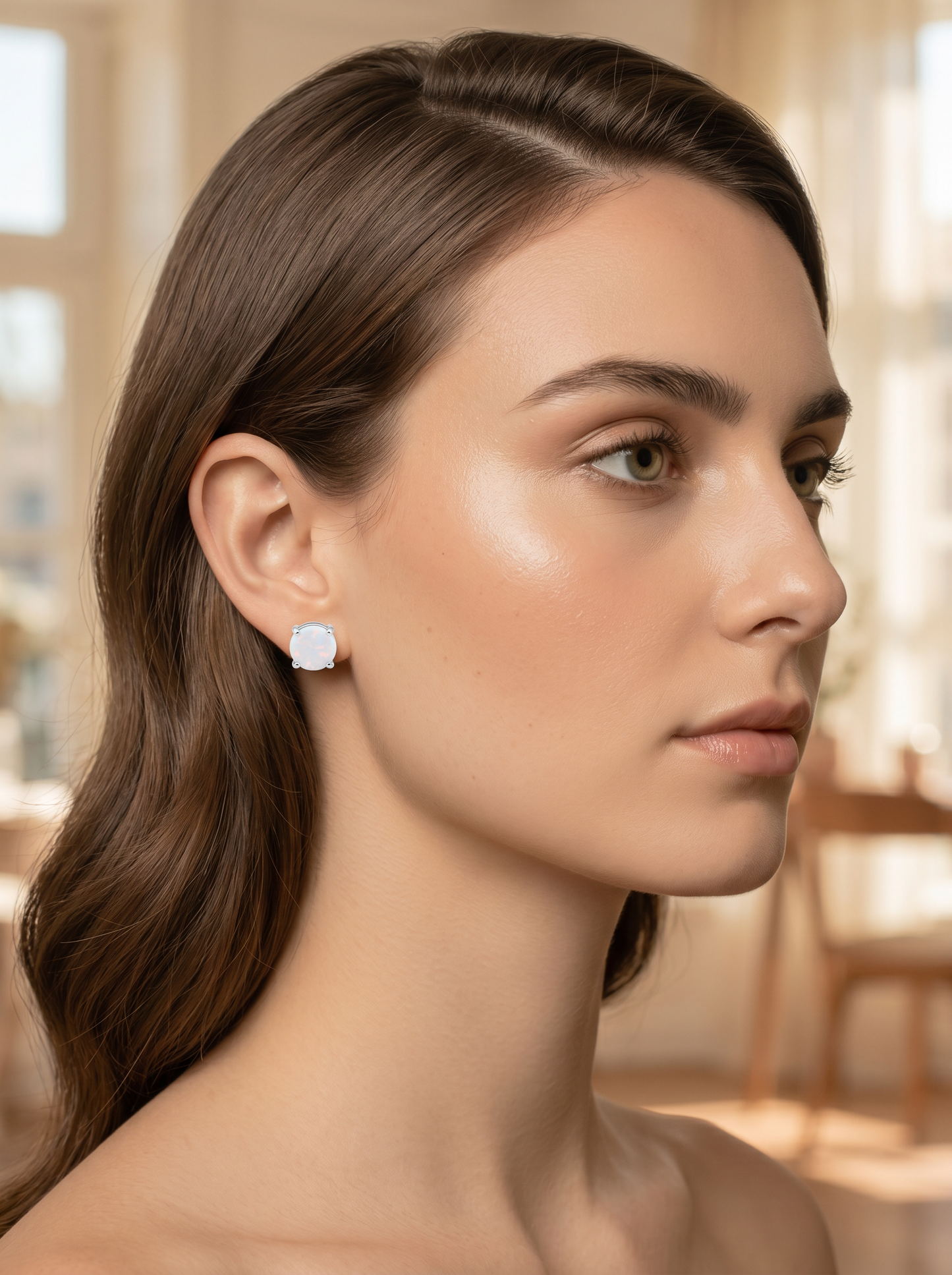 Sterling Silver Round White Opal Stud Earrings
