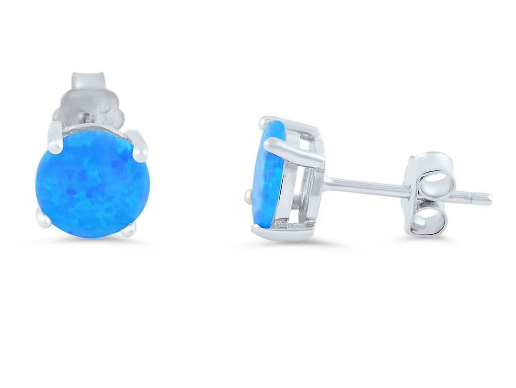Rhodium Plated Silver Women's Created Blue Opal Round Stud Earrings - 12MM Diameter