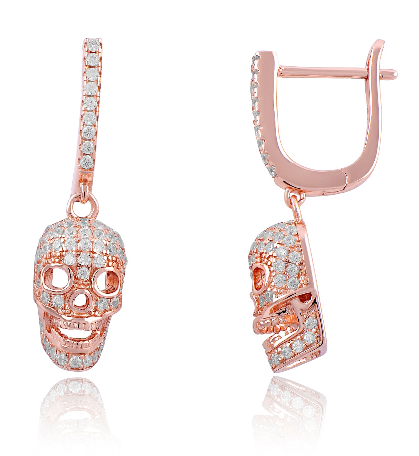 Rose Gold Over Silver Cz Womens French Clip Dangle Sugar Skull Earrings - 23mm