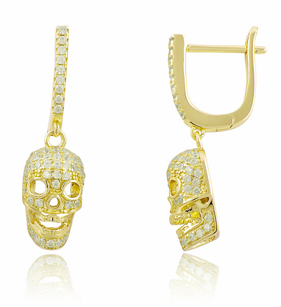 Yellow Gold Tone Sterling Silver Cz Skull Dangle Earrings - 23mm