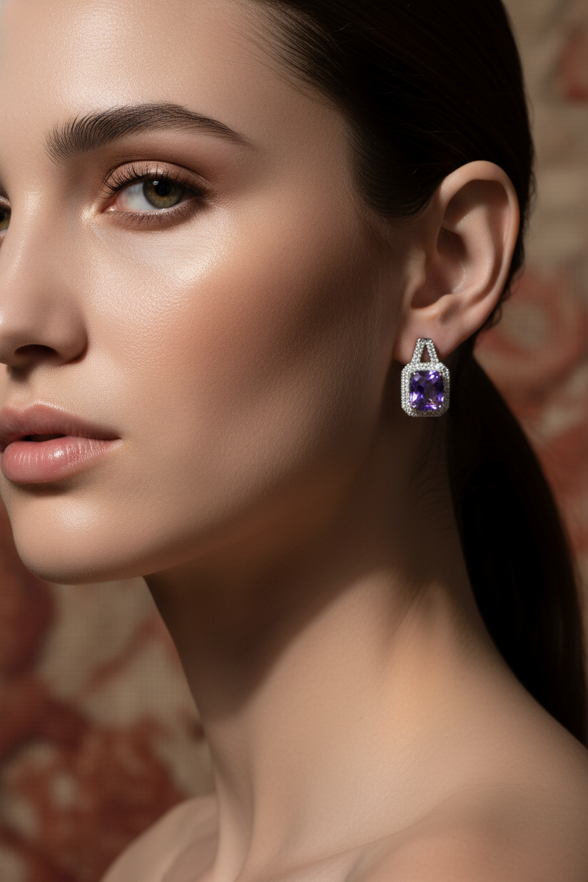 White Gold over Sterling Silver Women's Simulated Blue Sapphire Halo Earrings