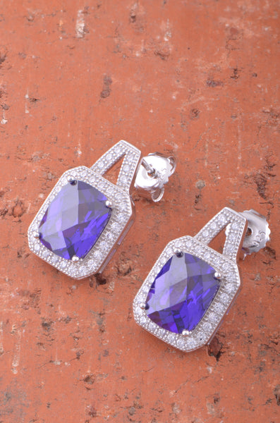 White Gold Over Sterling Silver Womens Simulated Blue Sapphire Halo Earrings