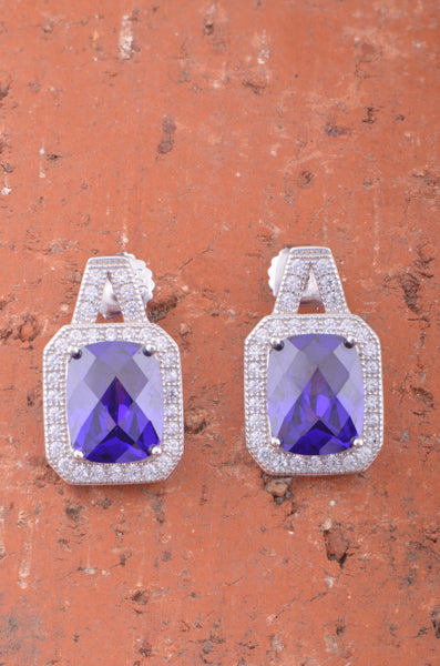 White Gold Over Sterling Silver Womens Simulated Blue Sapphire Halo Earrings