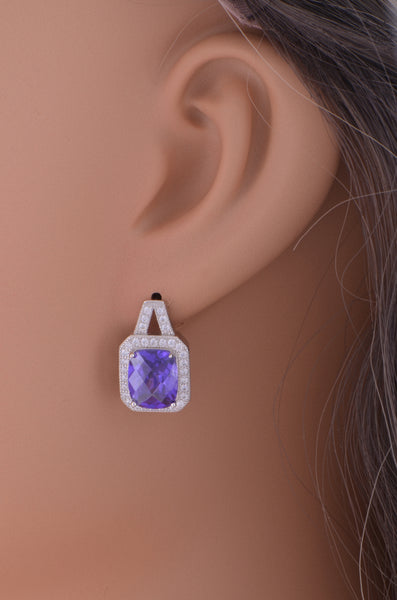 White Gold Over Sterling Silver Womens Simulated Blue Sapphire Halo Earrings