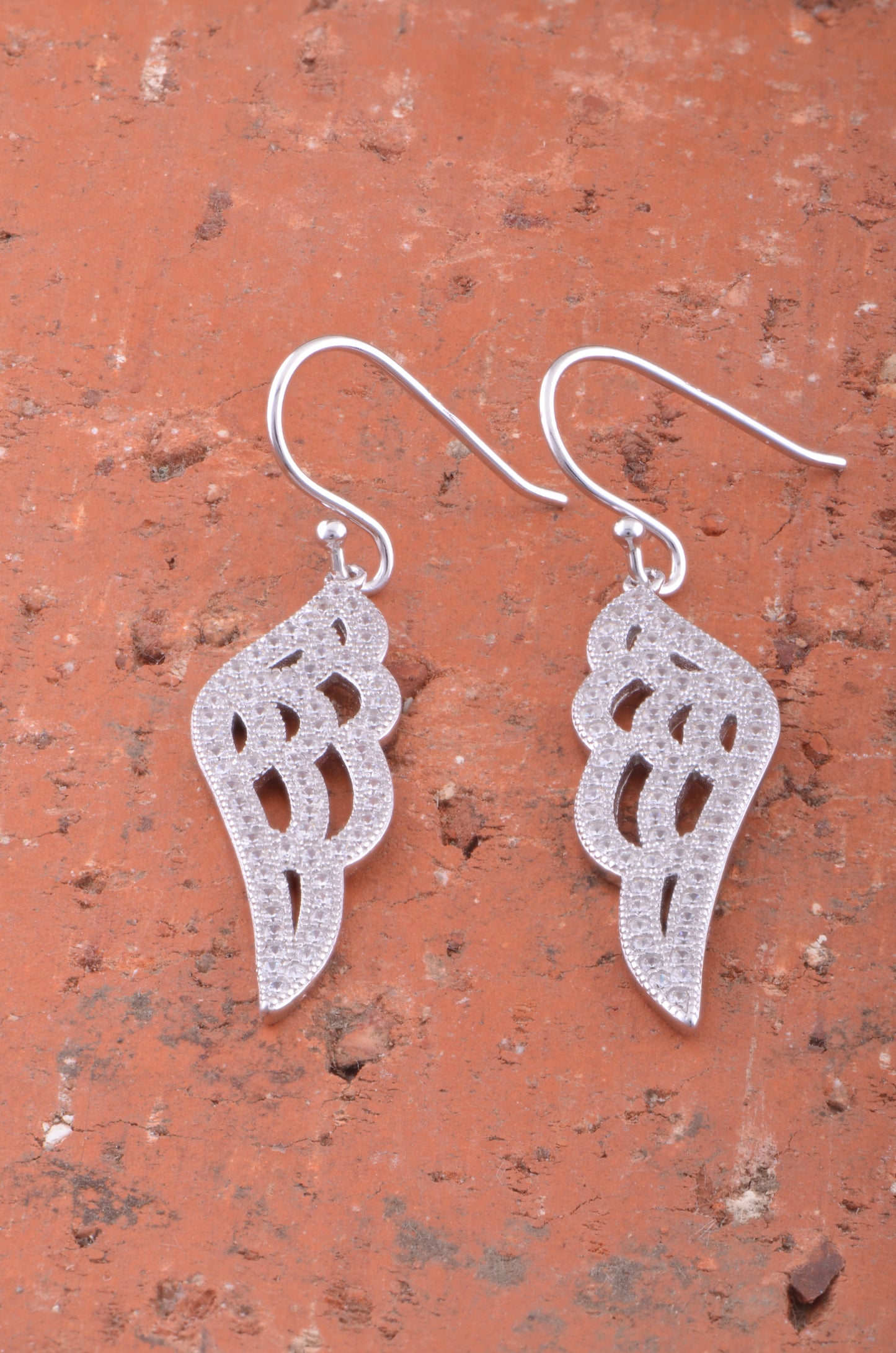 White Gold Over Sterling Silver Womens Cz Angel Wing Dangle Earrings