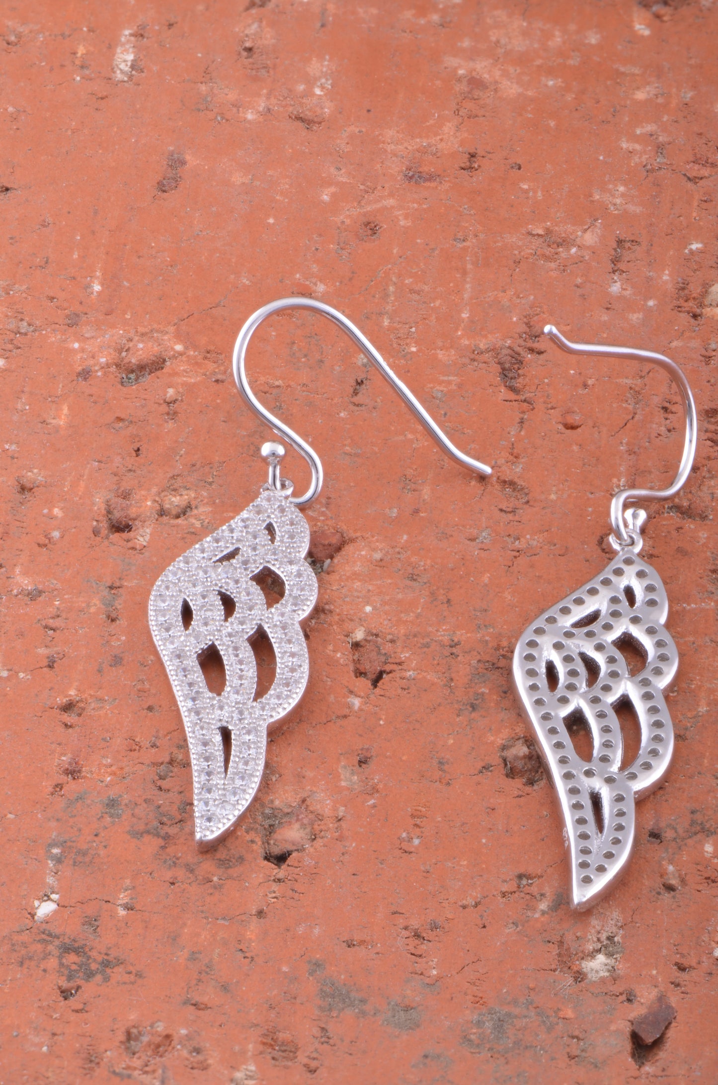 White Gold Over Sterling Silver Womens Cz Angel Wing Dangle Earrings