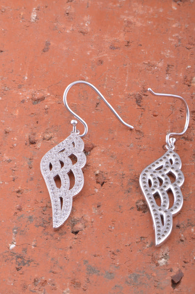 White Gold Over Sterling Silver Womens Cz Angel Wing Dangle Earrings