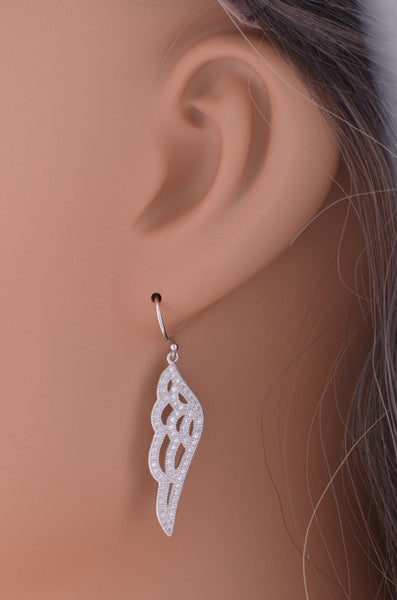 White Gold Over Sterling Silver Womens Cz Angel Wing Dangle Earrings