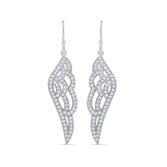 White Gold White Gold over Sterling Silver Women's CZ Angel Wing Dangle Earrings — detail view
