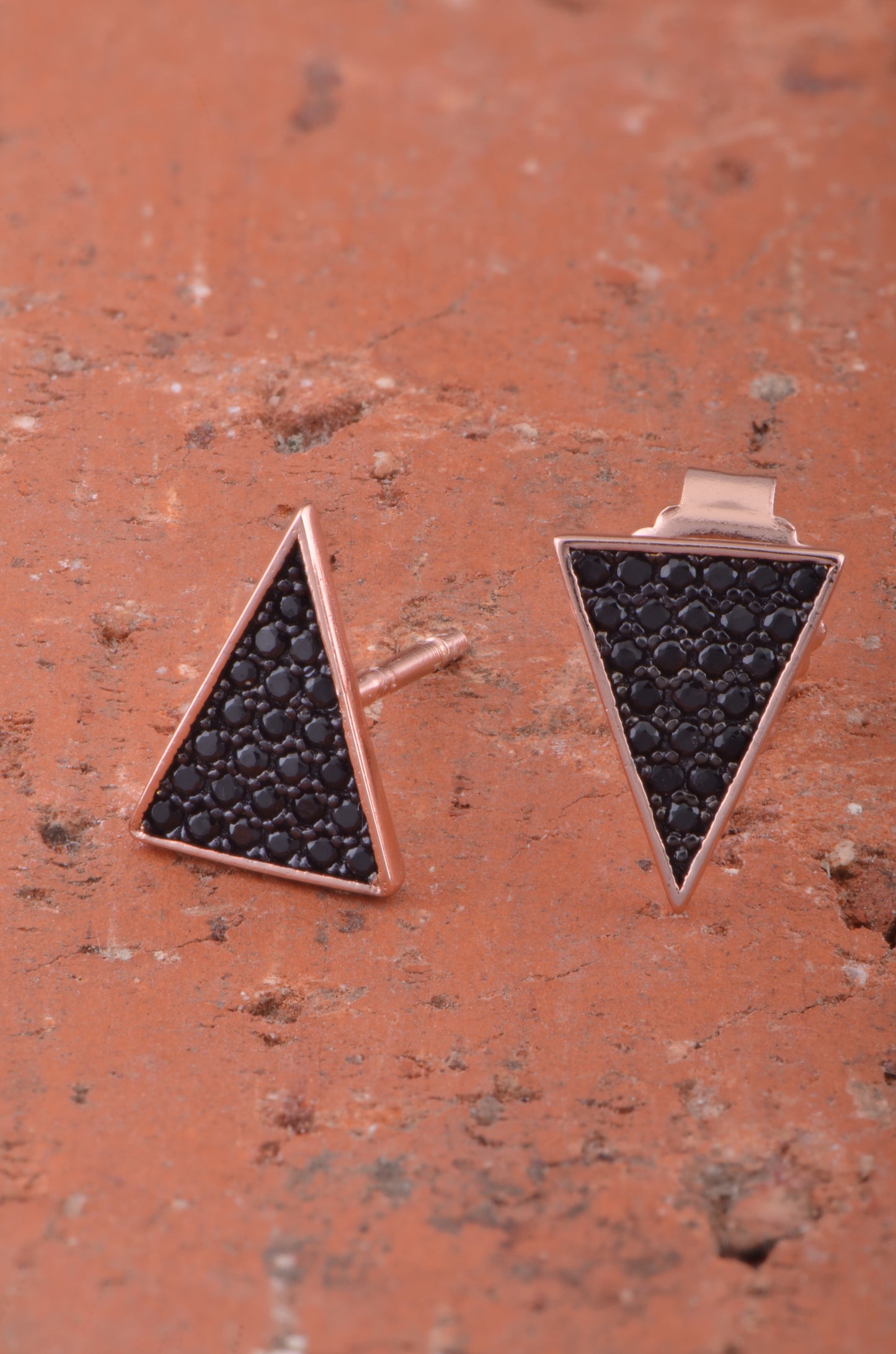 Rose Gold Over Sterling Silver Womens Black Cz Triangle Stud Earrings