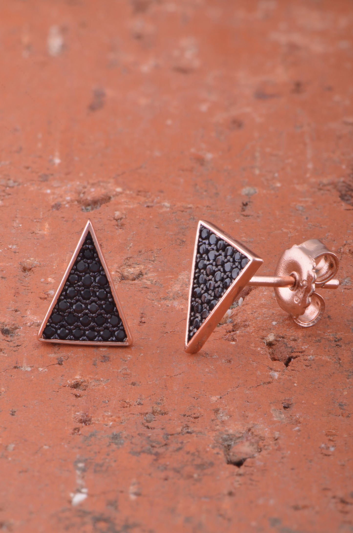 Rose Gold Over Sterling Silver Womens Black Cz Triangle Stud Earrings