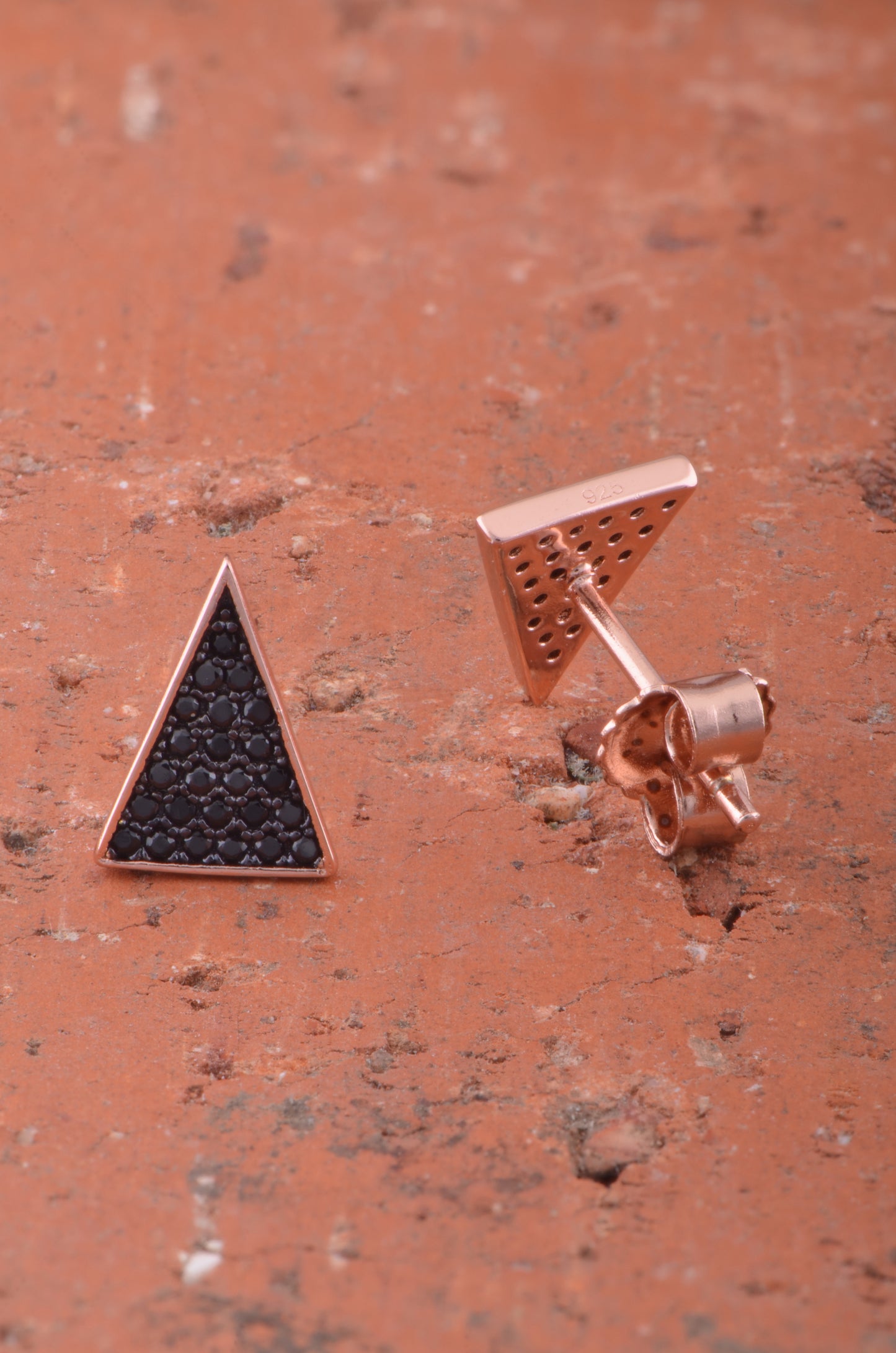 Rose Gold Over Sterling Silver Womens Black Cz Triangle Stud Earrings