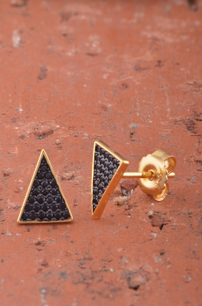 Yellow Gold Over Sterling Silver Womens Black Cz Triangle Stud Earrings