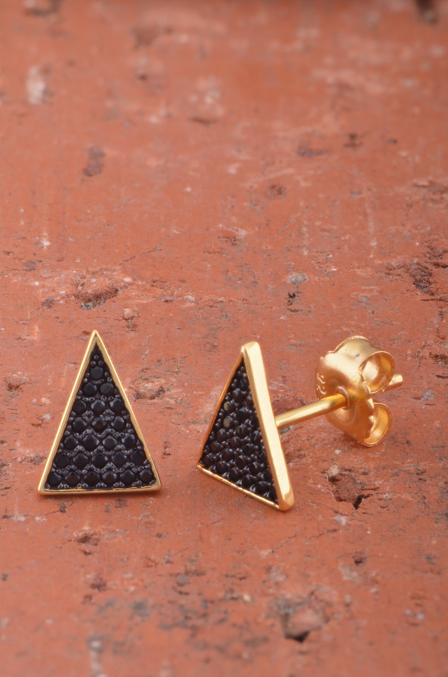 Yellow Gold Over Sterling Silver Womens Black Cz Triangle Stud Earrings