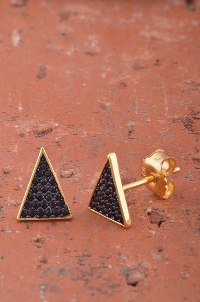 Yellow Gold Over Sterling Silver Womens Black Cz Triangle Stud Earrings