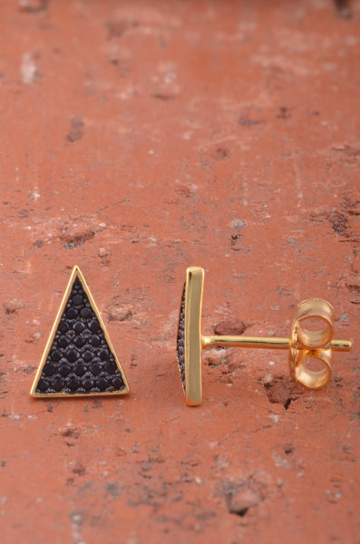 Yellow Gold Over Sterling Silver Womens Black Cz Triangle Stud Earrings