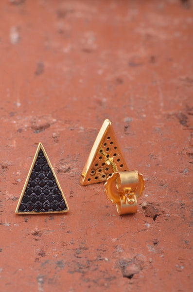 Yellow Gold Over Sterling Silver Womens Black Cz Triangle Stud Earrings