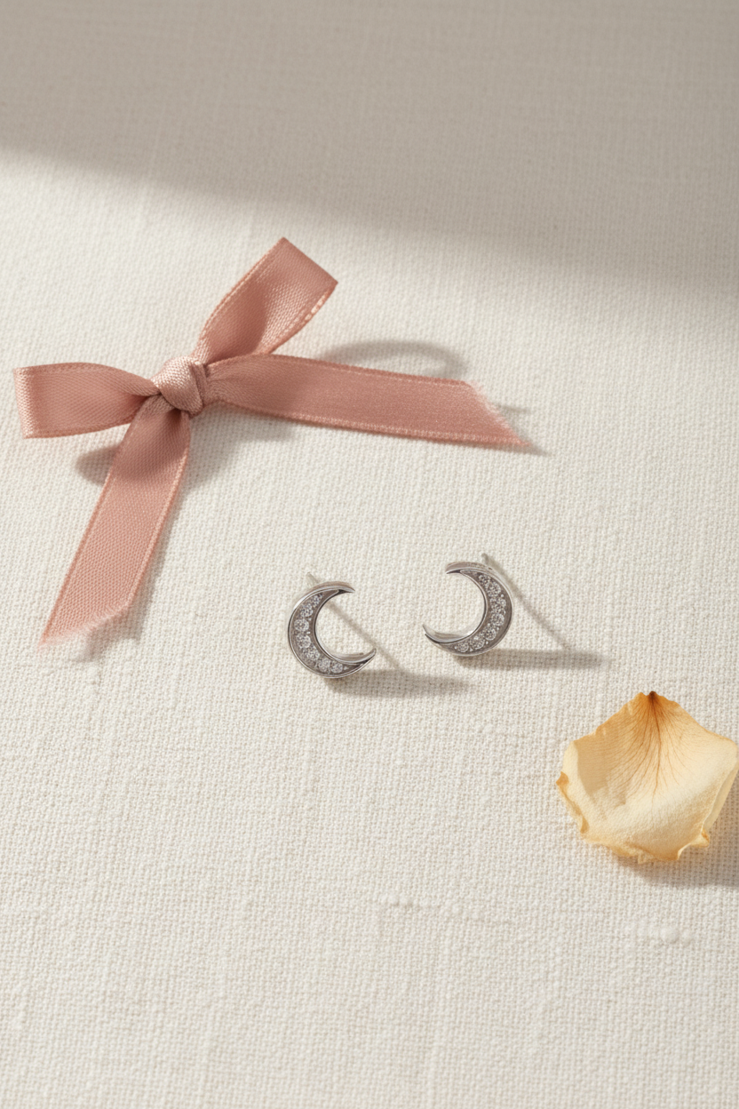 White Gold over Sterling Silver Women's CZ Crescent Moon Stud Earrings