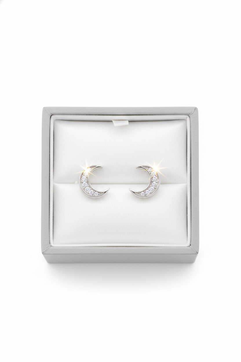 White Gold over Sterling Silver Women's CZ Crescent Moon Stud Earrings
