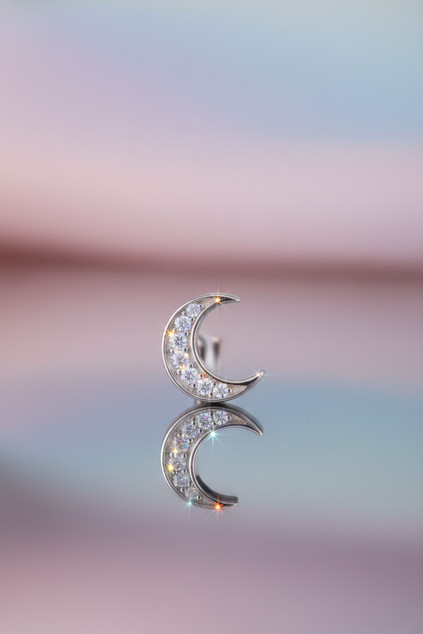 White Gold over Sterling Silver Women's CZ Crescent Moon Stud Earrings