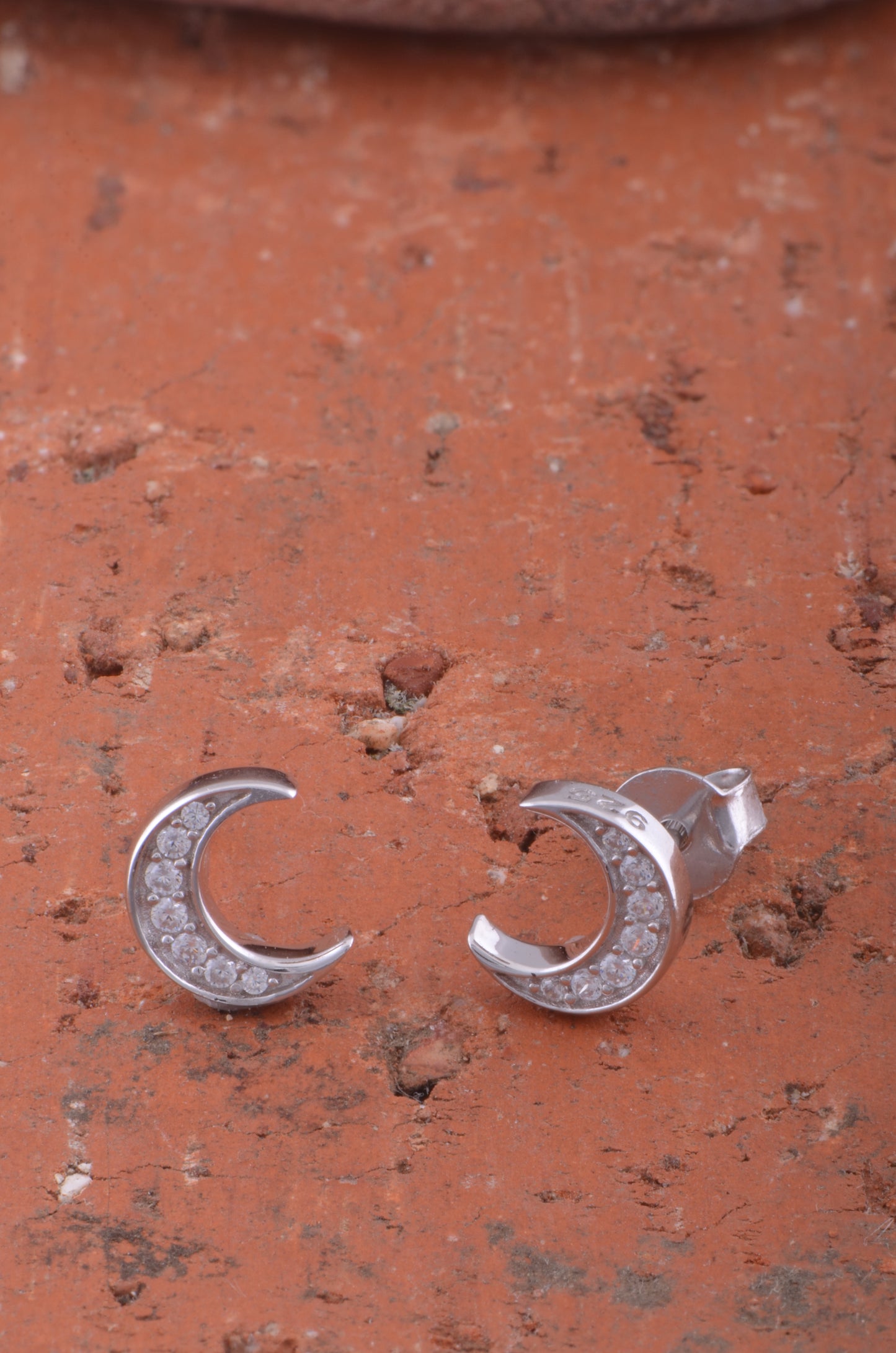 White Gold Over Sterling Silver Women's Cz Crescent Moon Stud Earrings