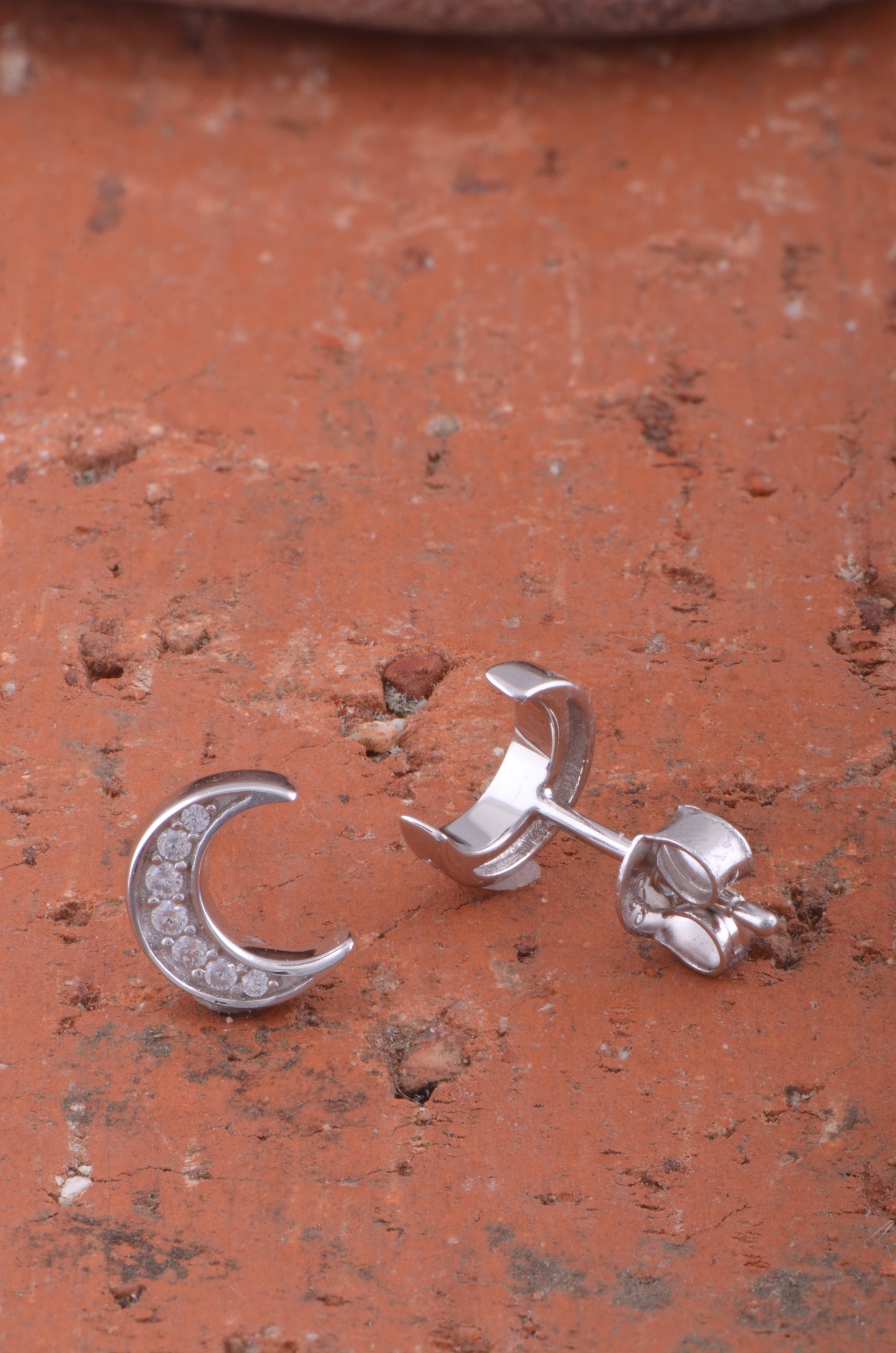 White Gold Over Sterling Silver Women's Cz Crescent Moon Stud Earrings
