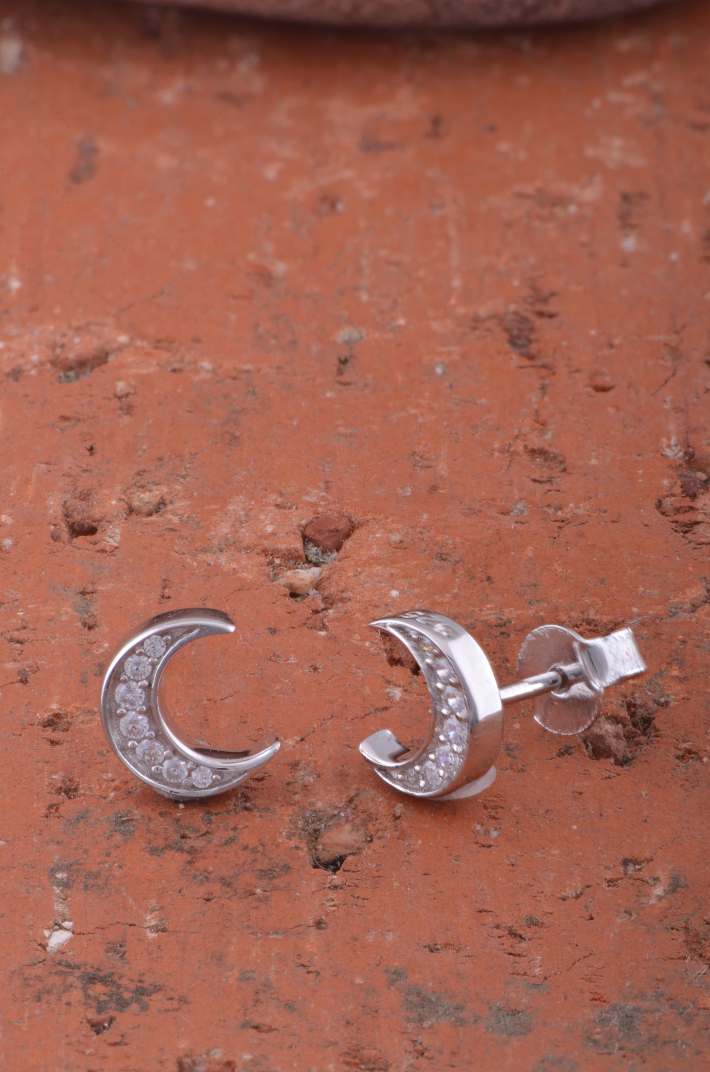 White Gold Over Sterling Silver Women's Cz Crescent Moon Stud Earrings