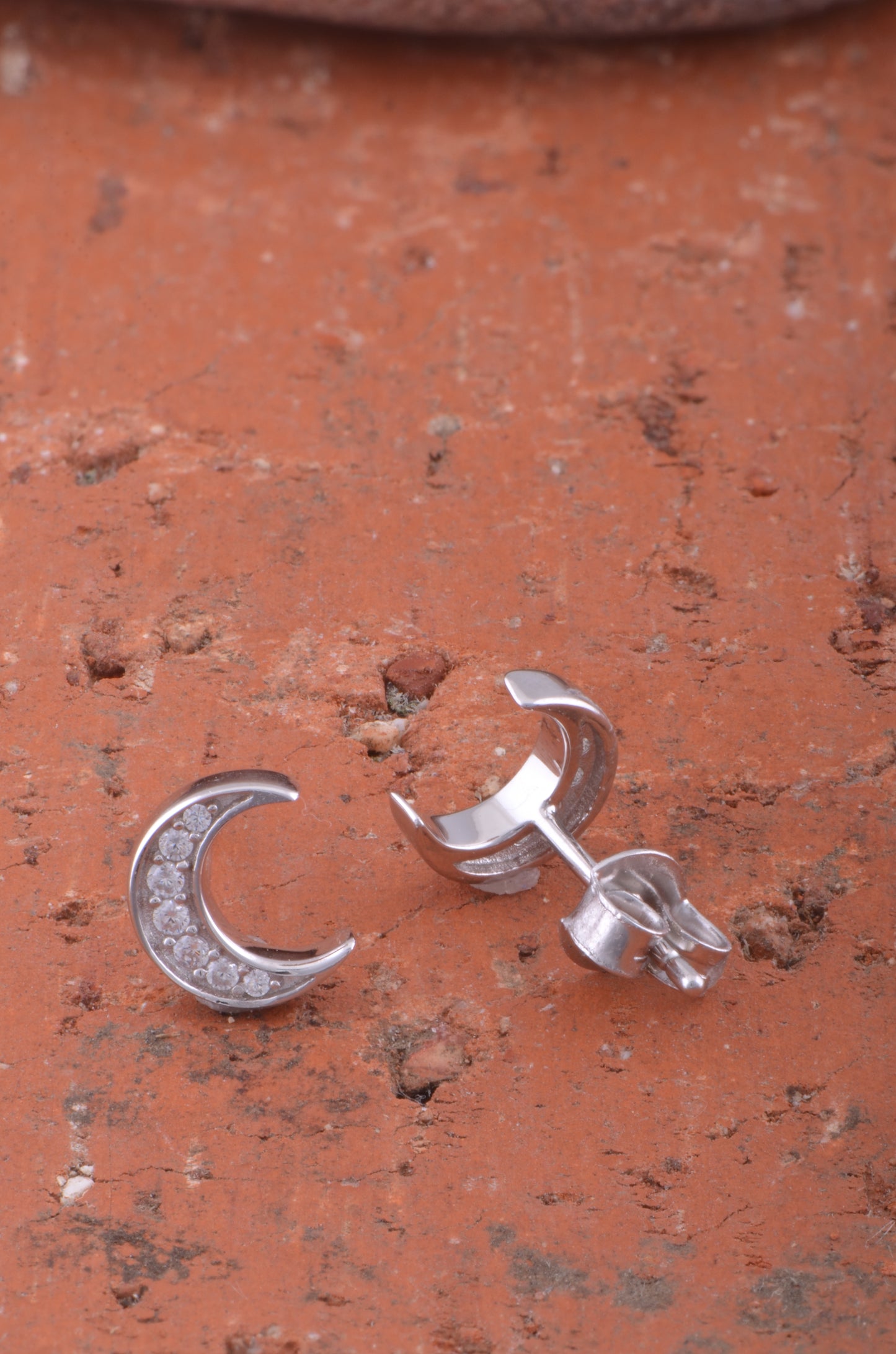 White Gold Over Sterling Silver Women's Cz Crescent Moon Stud Earrings