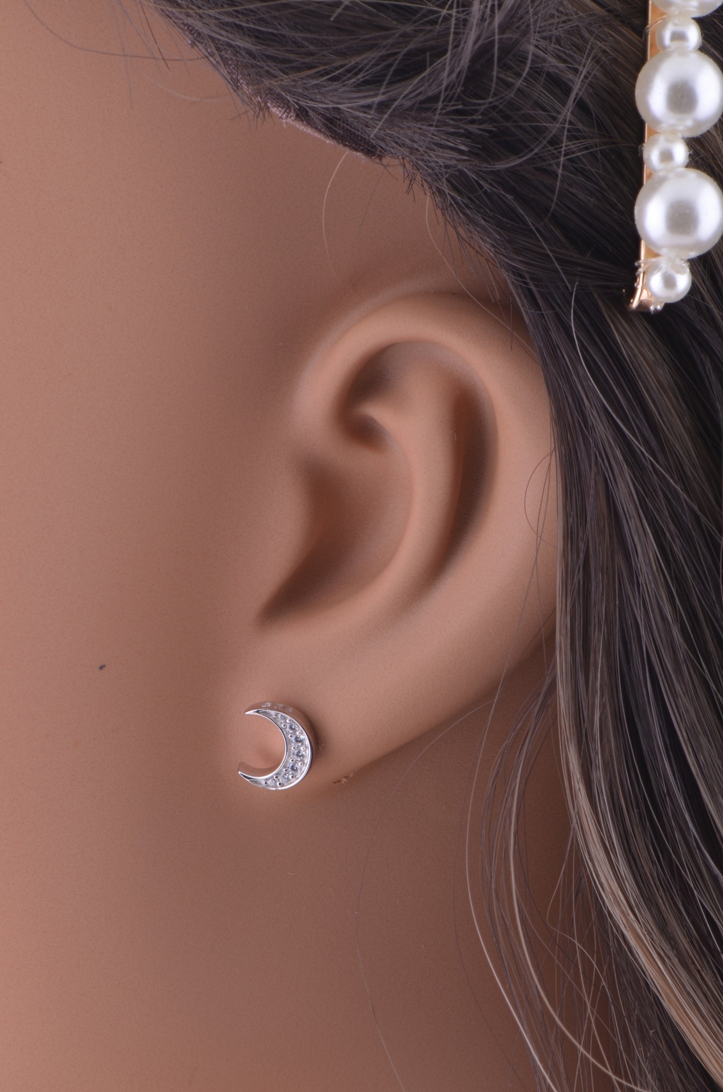 White Gold Over Sterling Silver Women's Cz Crescent Moon Stud Earrings