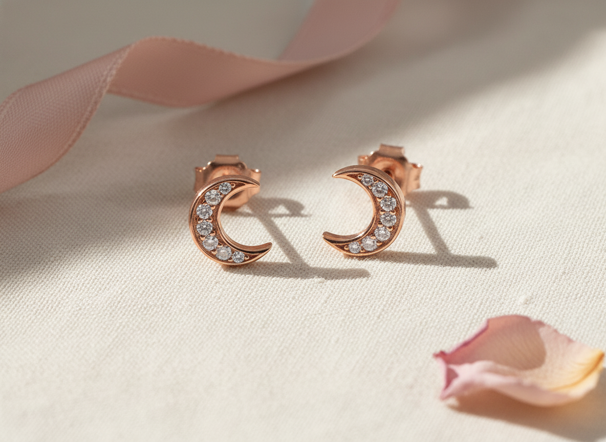Rose Gold Plated Sterling Silver Women's Small CZ Crescent Moon Stud Earrings