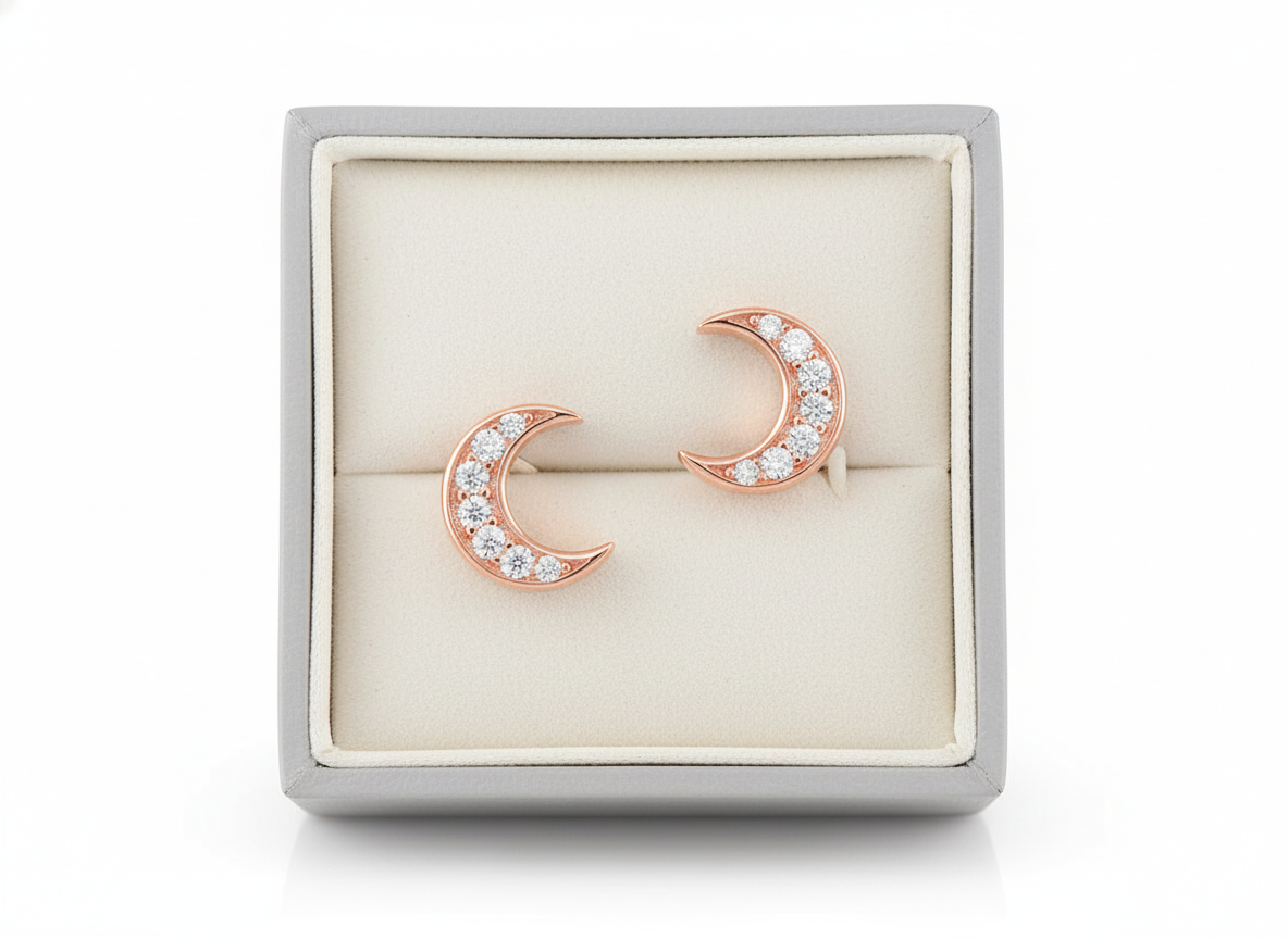 Rose Gold Plated Sterling Silver Women's Small CZ Crescent Moon Stud Earrings