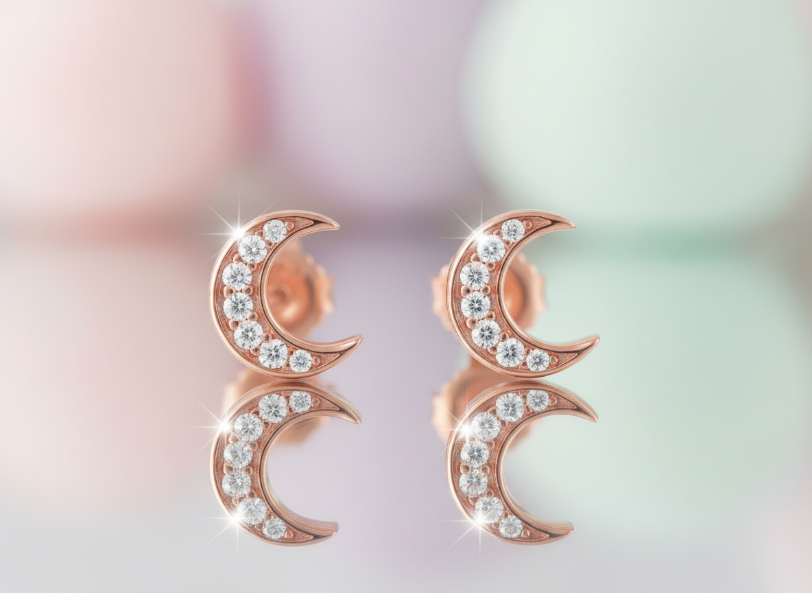Rose Gold Plated Sterling Silver Women's Small CZ Crescent Moon Stud Earrings