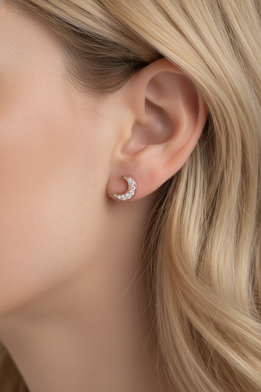 Rose Gold Plated Sterling Silver Women's Small CZ Crescent Moon Stud Earrings