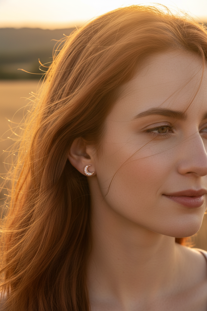 Rose Gold Plated Sterling Silver Women's Small CZ Crescent Moon Stud Earrings