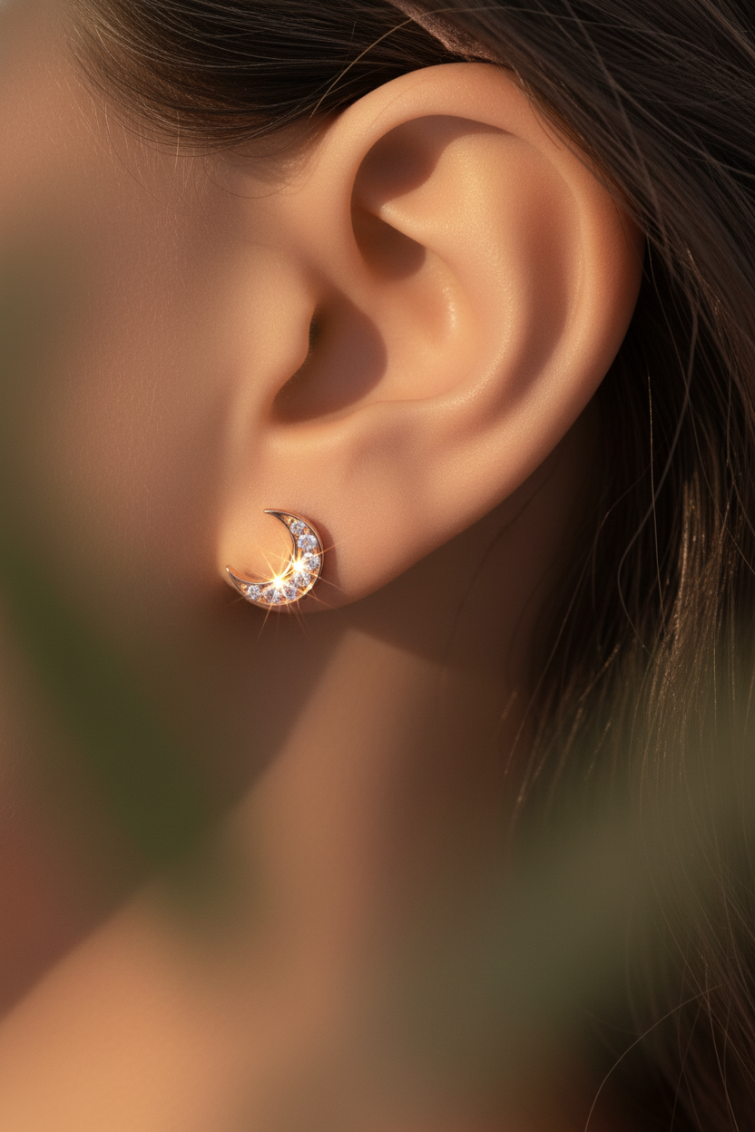 Rose Gold Plated Sterling Silver Women's Small CZ Crescent Moon Stud Earrings