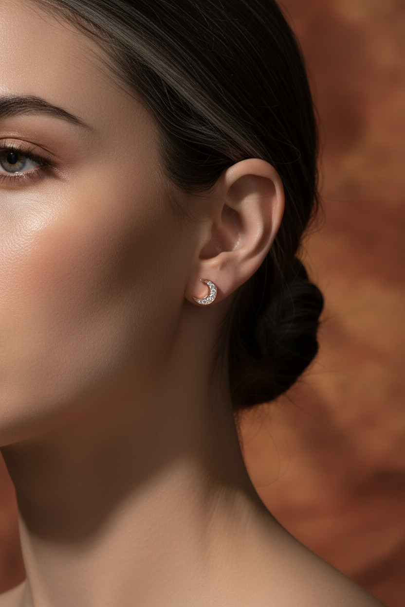 Rose Gold Plated Sterling Silver Women's Small CZ Crescent Moon Stud Earrings