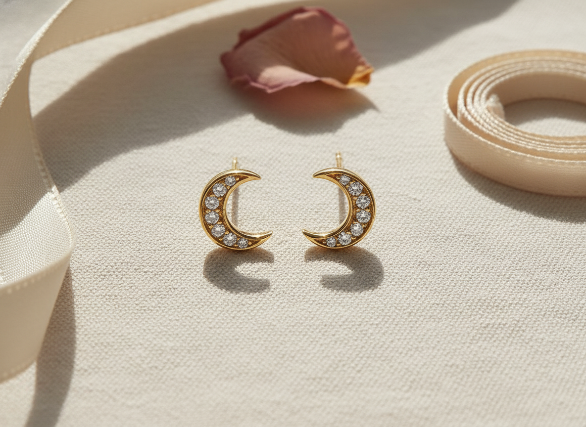 Yellow Gold Vermeil Women's CZ Crescent Moon Stud Earrings | SilverCloseOut