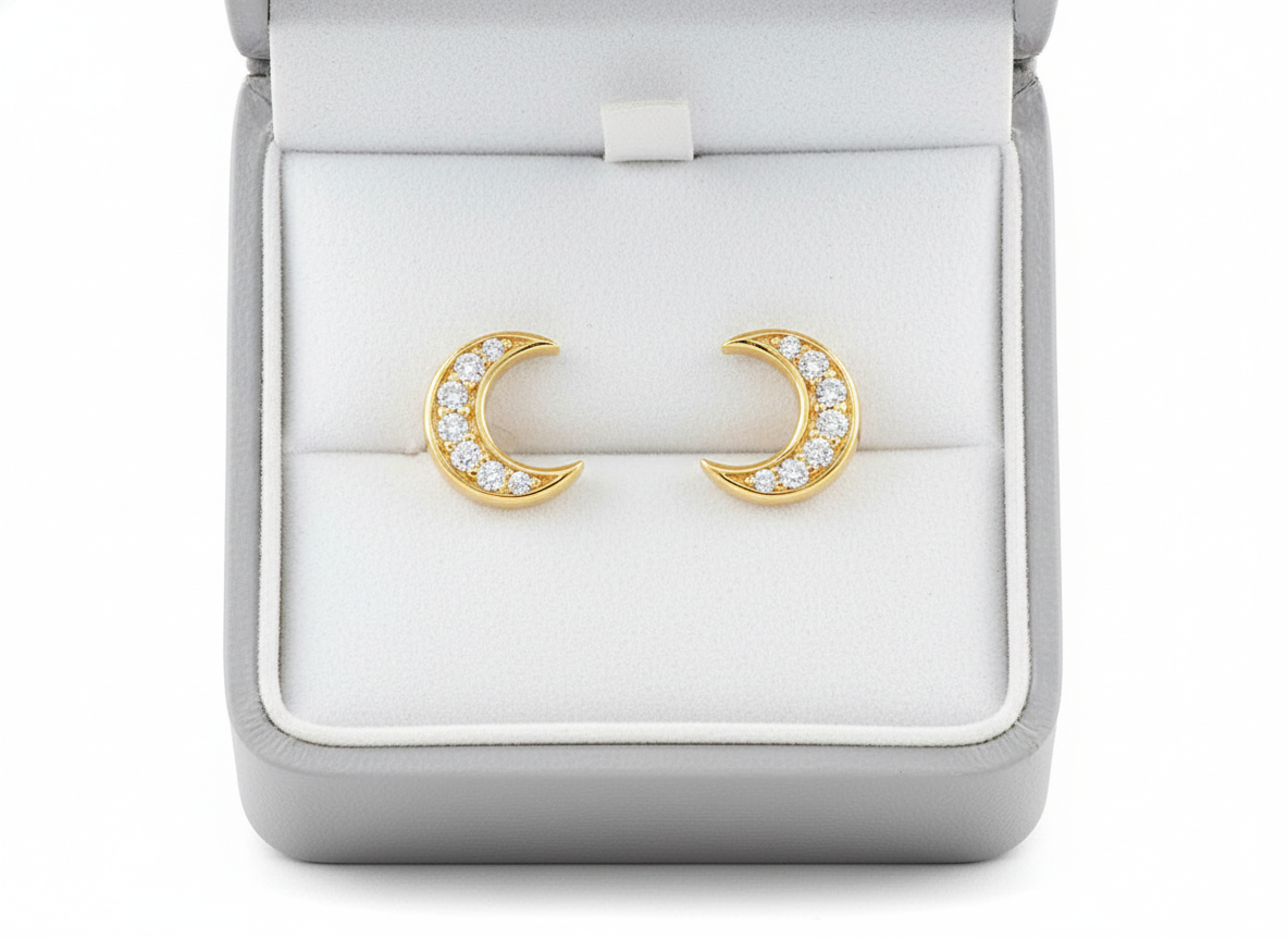 Yellow Gold Vermeil Women's CZ Crescent Moon Stud Earrings | SilverCloseOut
