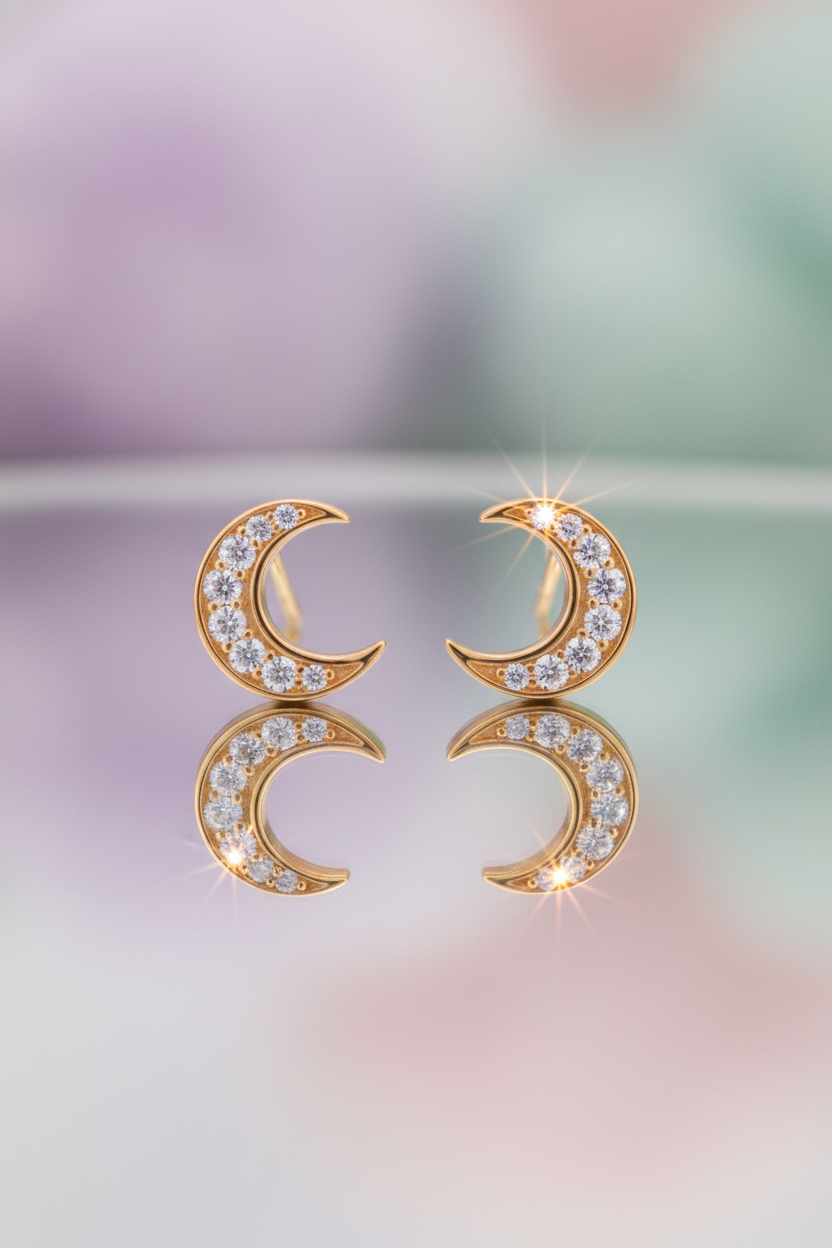 Yellow Gold Vermeil Women's CZ Crescent Moon Stud Earrings | SilverCloseOut