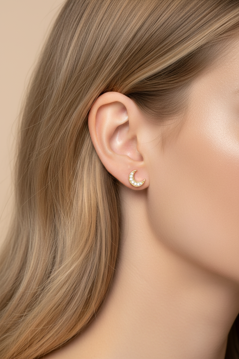 Yellow Gold Vermeil Women's CZ Crescent Moon Stud Earrings | SilverCloseOut