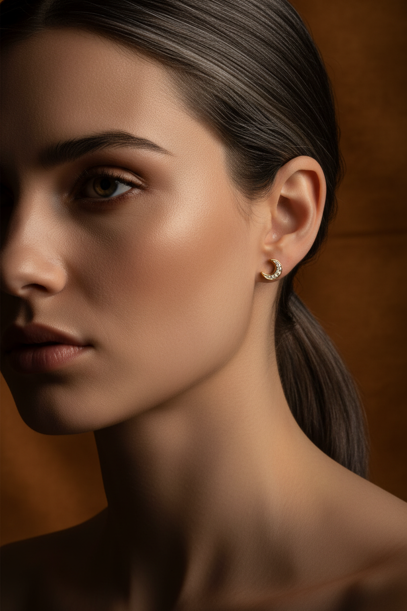 Yellow Gold Vermeil Women's CZ Crescent Moon Stud Earrings | SilverCloseOut