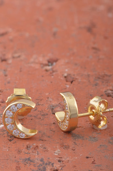 Yellow Gold Vermeil Womens Cz Crescent Moon Stud Earrings