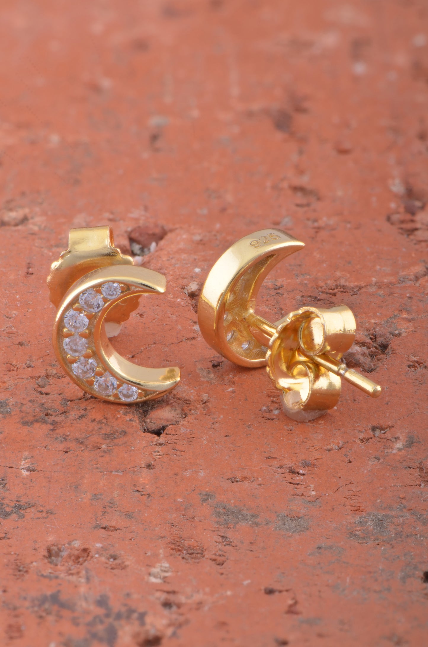 Yellow Gold Vermeil Womens Cz Crescent Moon Stud Earrings