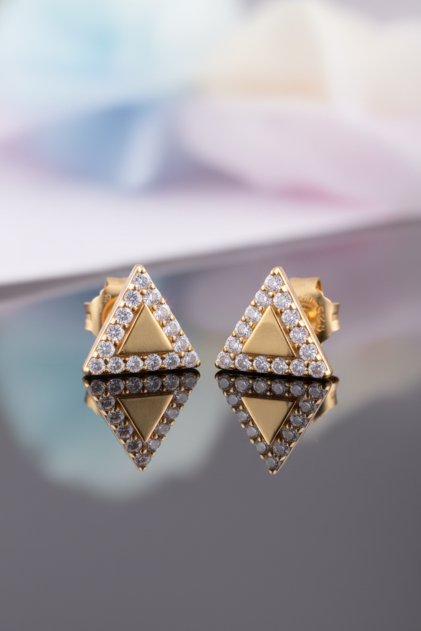 Yellow Gold over Sterling Silver Women's Delta Triangle CZ Stud Earrings