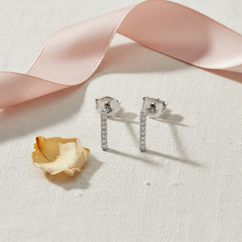 White Gold over Sterling Silver CZ Small Bar Stud Earrings