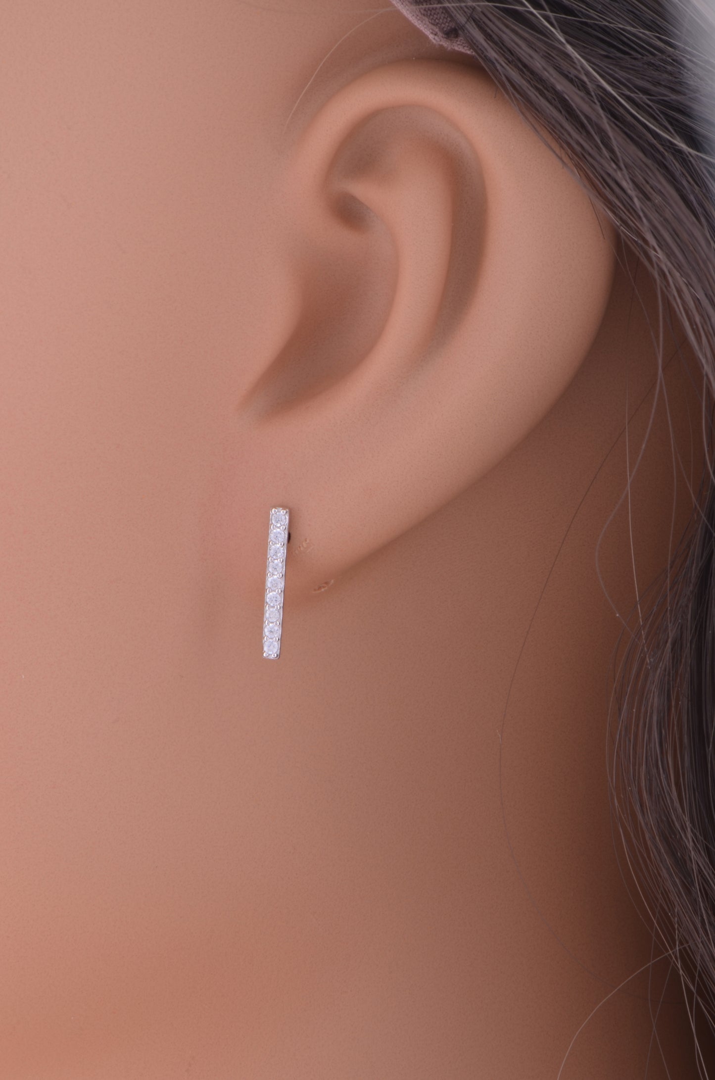 White Gold Over Sterling Silver Cz Small Bar Stud Earrings