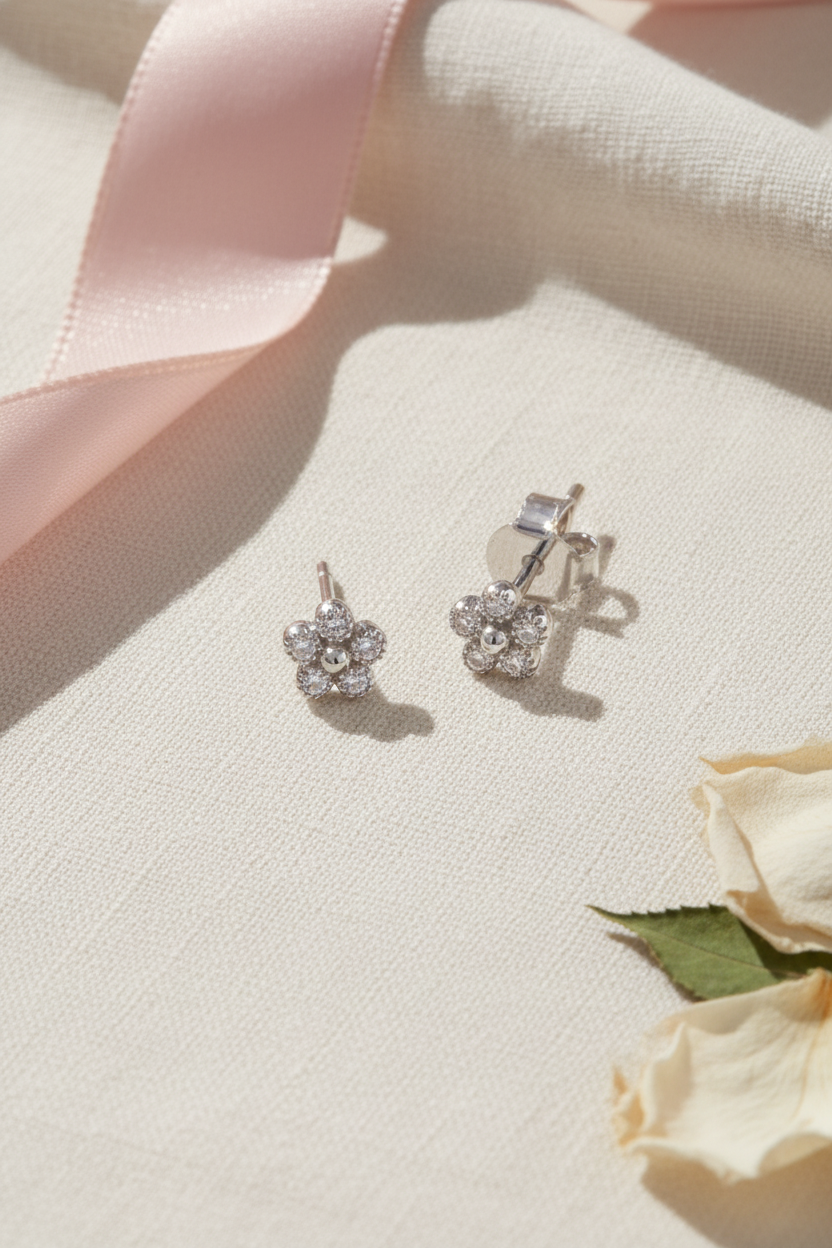 White Gold over Sterling Silver Women's Tiny Flower CZ Stud Earrings