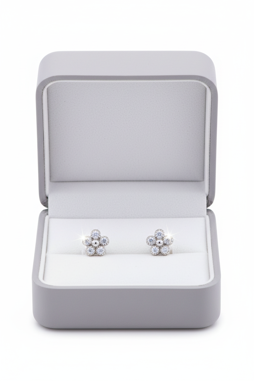 White Gold over Sterling Silver Women's Tiny Flower CZ Stud Earrings