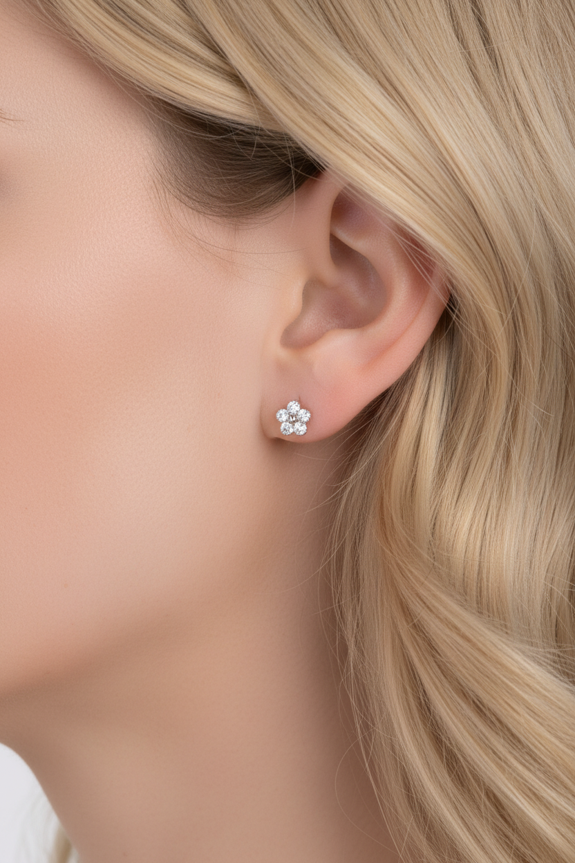 White Gold over Sterling Silver Women's Tiny Flower CZ Stud Earrings